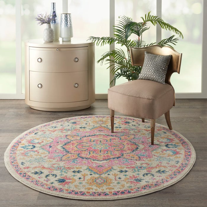 Nourison Passion 5' Round Ivory, Pink  Bohemian   Area Rug