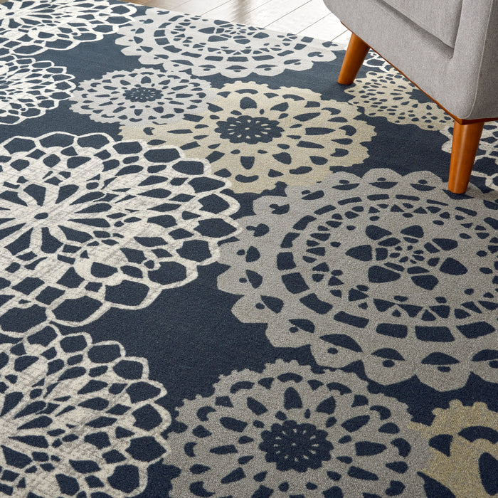 Waverly Sun N Shade SND72 Navy Black and Grey 5'x8' Ornate Medallion Area Rug