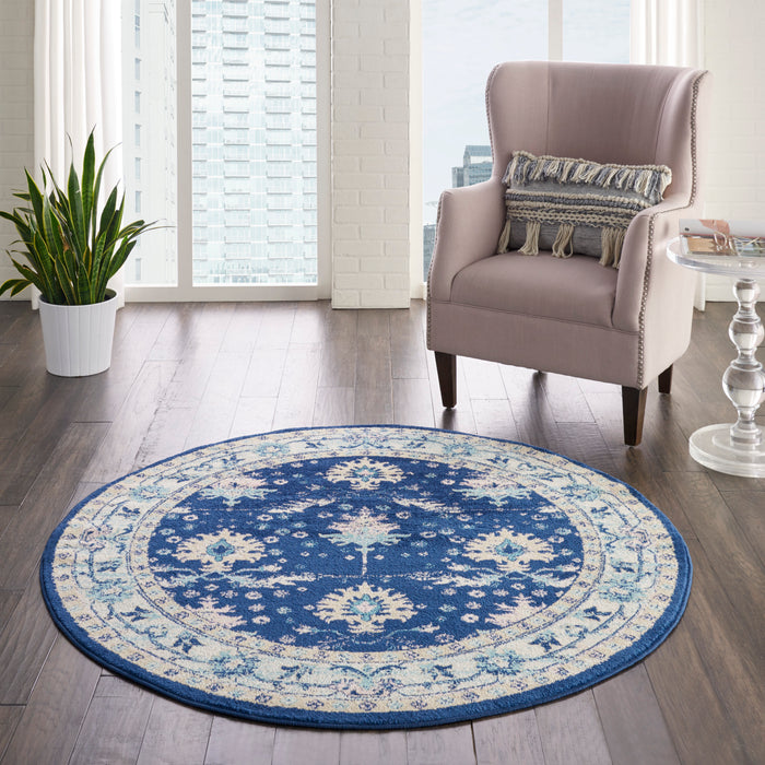 Nourison Tranquil TRA10 Navy Blue 5' Round Bordered Oriental Area Rug