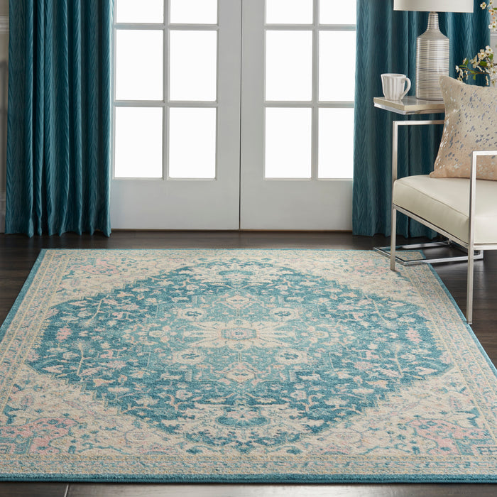 Nourison Tranquil TRA07 Turquoise Blue and White 6'x9' Oushak Area Rug