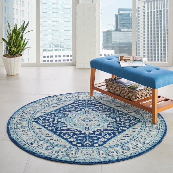 Nourison Tranquil TRA06 Blue and White 5' Round Persian Area Rug