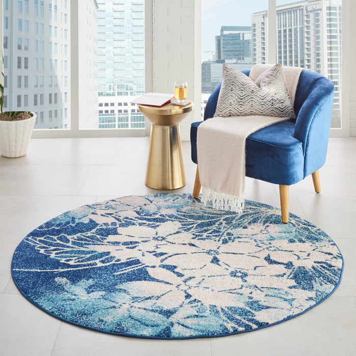 Nourison Tranquil TRA08 Navy Blue and White 5' Round Ombre Floral Area Rug