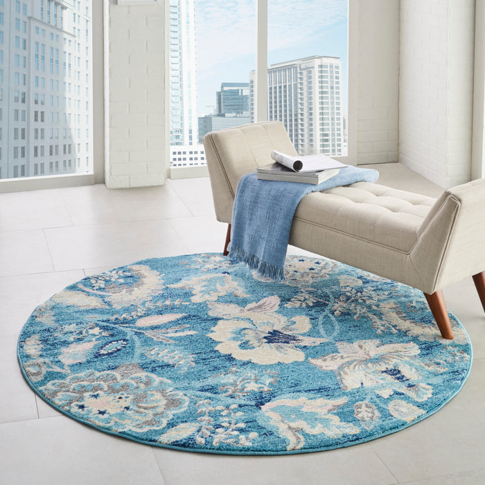 Nourison Tranquil TRA02 Turquoise Blue and White 5' Round French Country Area Rug