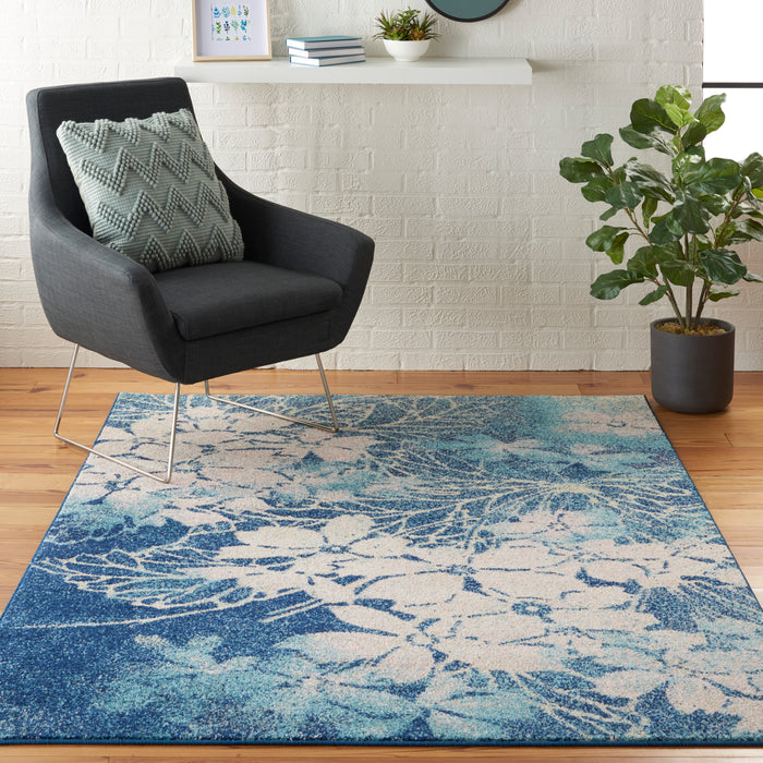 Nourison Tranquil TRA08 Navy Blue and White 6'x9' Ombre Floral Area Rug