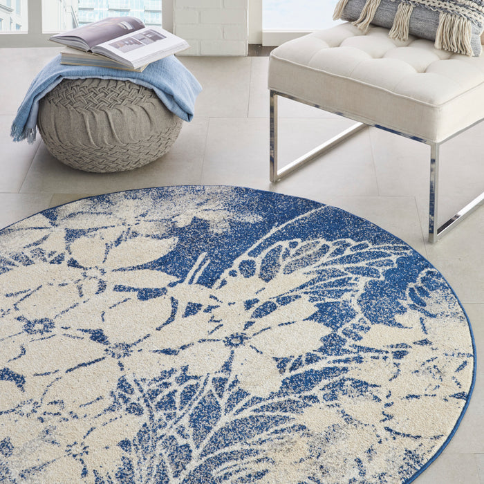 Nourison Tranquil TRA08 Navy Blue and Grey 5' Round Ombre Floral Area Rug
