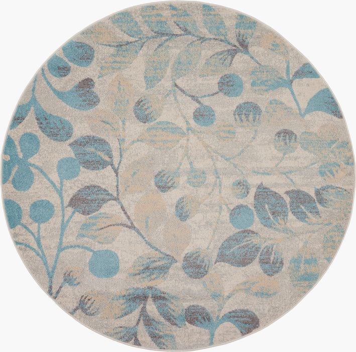 Nourison Tranquil TRA03 Turquoise and Beige 5' Round Botanical Area Rug