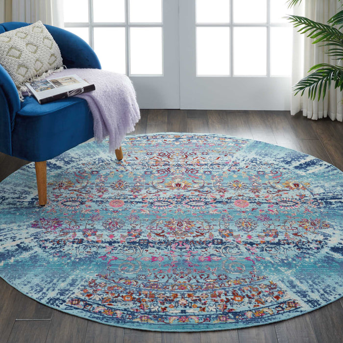 Nourison Vintage Kashan VKA02 Blue Multicolor 4' Round Boho Area Rug