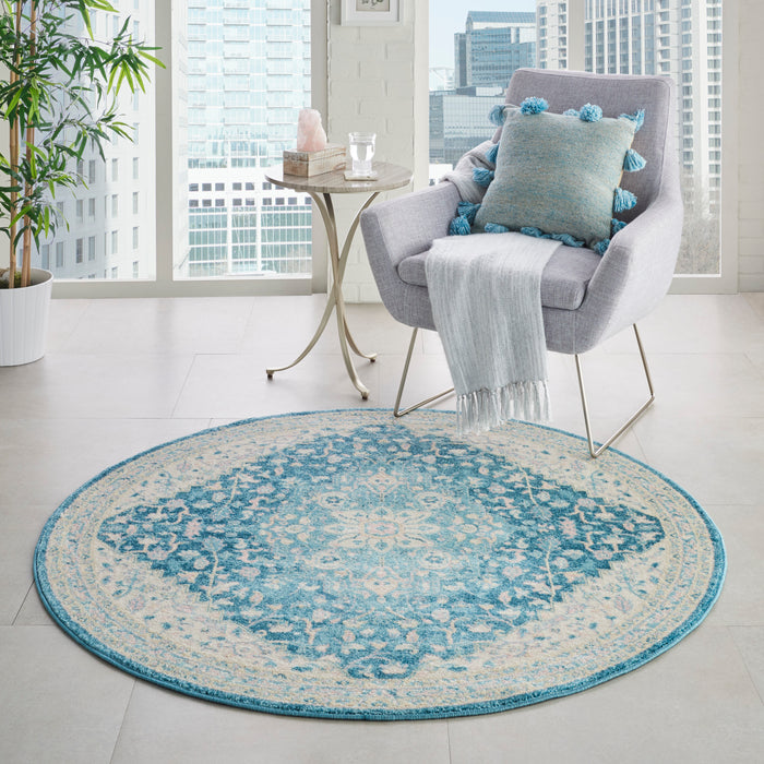 Nourison Tranquil TRA07 Turquoise Blue and White 5' Round Oushak Area Rug
