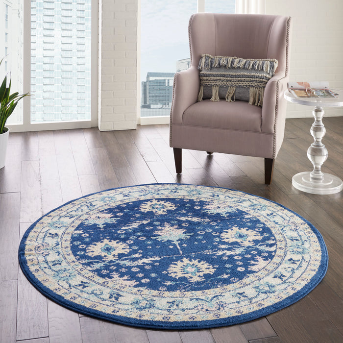 Nourison Tranquil TRA10 Navy Blue 5' Round Bordered Oriental Area Rug