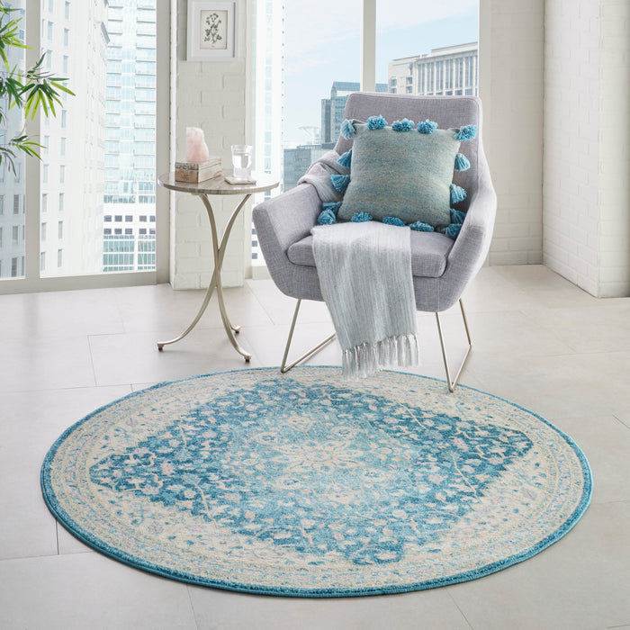 Nourison Tranquil TRA07 Turquoise Blue and White 5' Round Oushak Area Rug