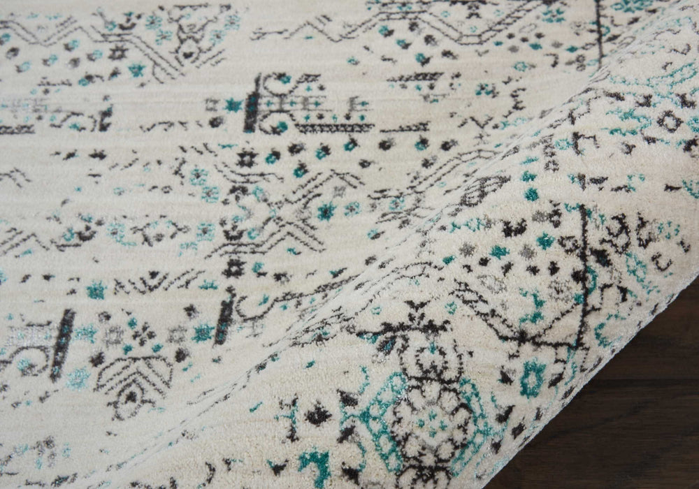 kathy ireland Home Silver Screen KI343 White and Teal Blue 8' Runner  Hallway Rug
