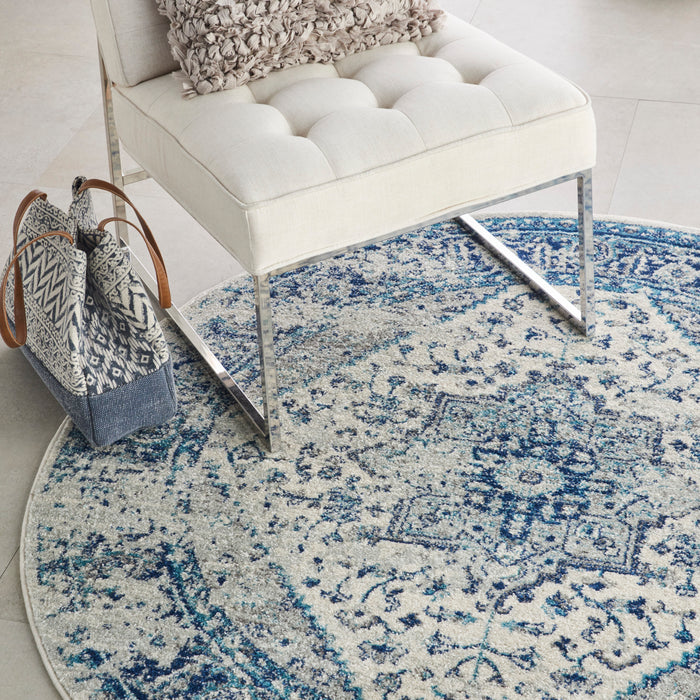 Nourison Tranquil TRA06 Navy Blue and White 5' Round Persian Area Rug