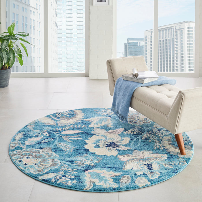 Nourison Tranquil TRA02 Turquoise Blue and White 5' Round French Country Area Rug