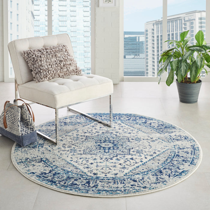 Nourison Tranquil TRA06 Navy Blue and White 5' Round Persian Area Rug