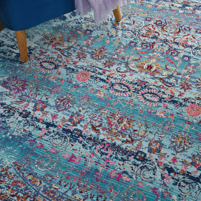 Nourison Vintage Kashan VKA02 Blue Multicolor 4' Round Boho Area Rug