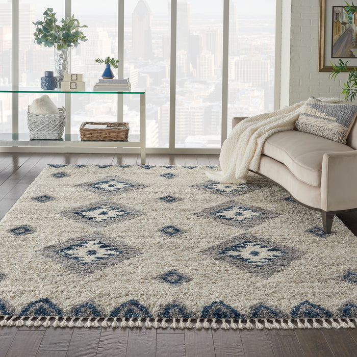 Nourison Oslo Shag OSL03 9'x12' Oversized Ivory and Blue Scandinavian Shag Rug