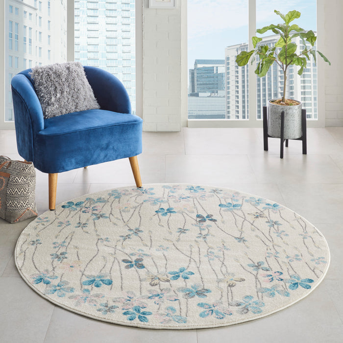 Nourison Tranquil TRA04 Ivory White 5' Round Floral Area Rug
